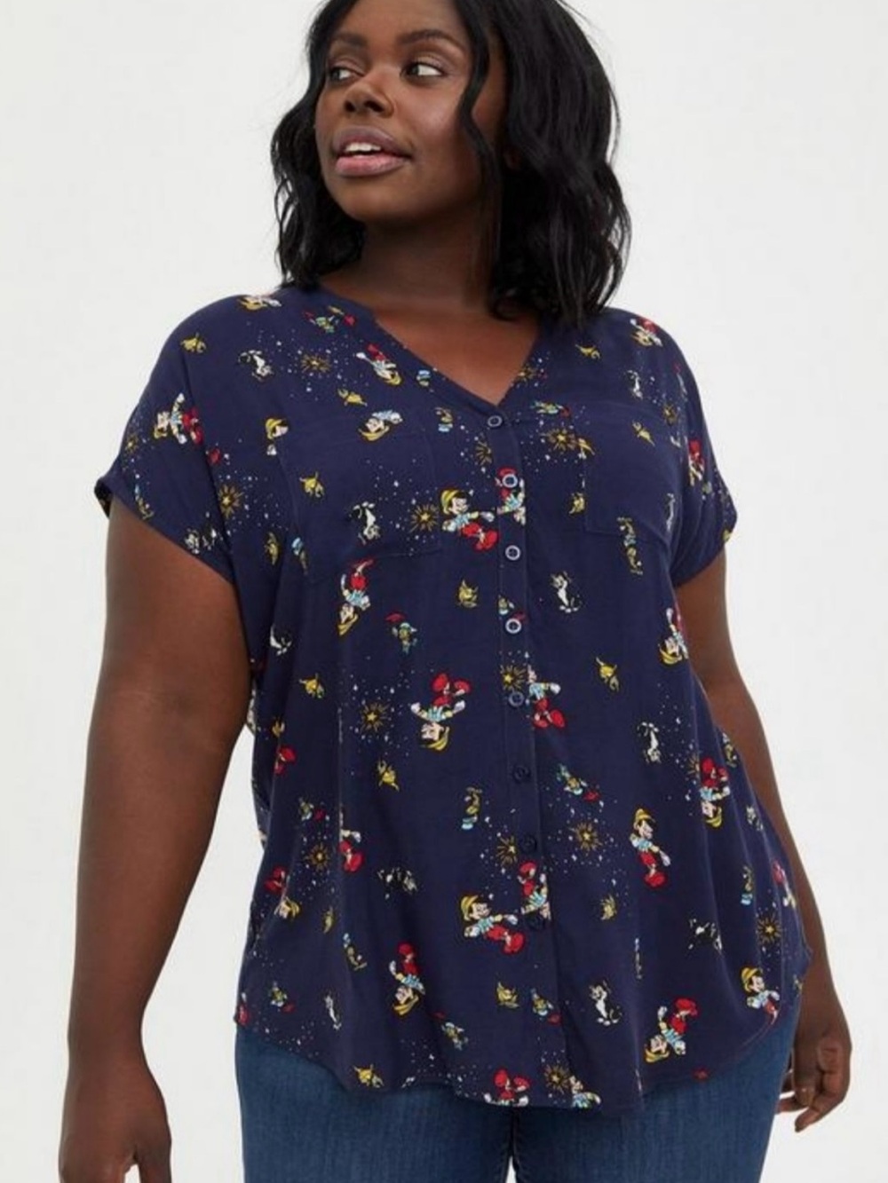 Torrid Disney Navy Blue Pinocchio Dolman Sleeve Button Up Challis Blouse Size 2X